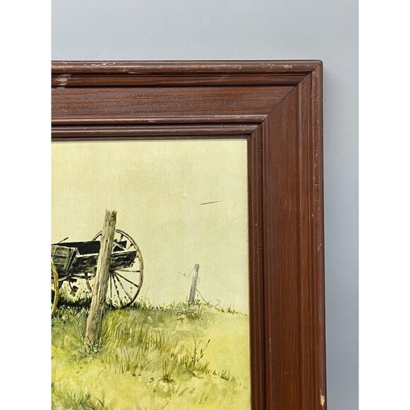 vintage wood framed print wagon fence floral landscape signed Daisys 19x15" READ - Picture 2 of 7